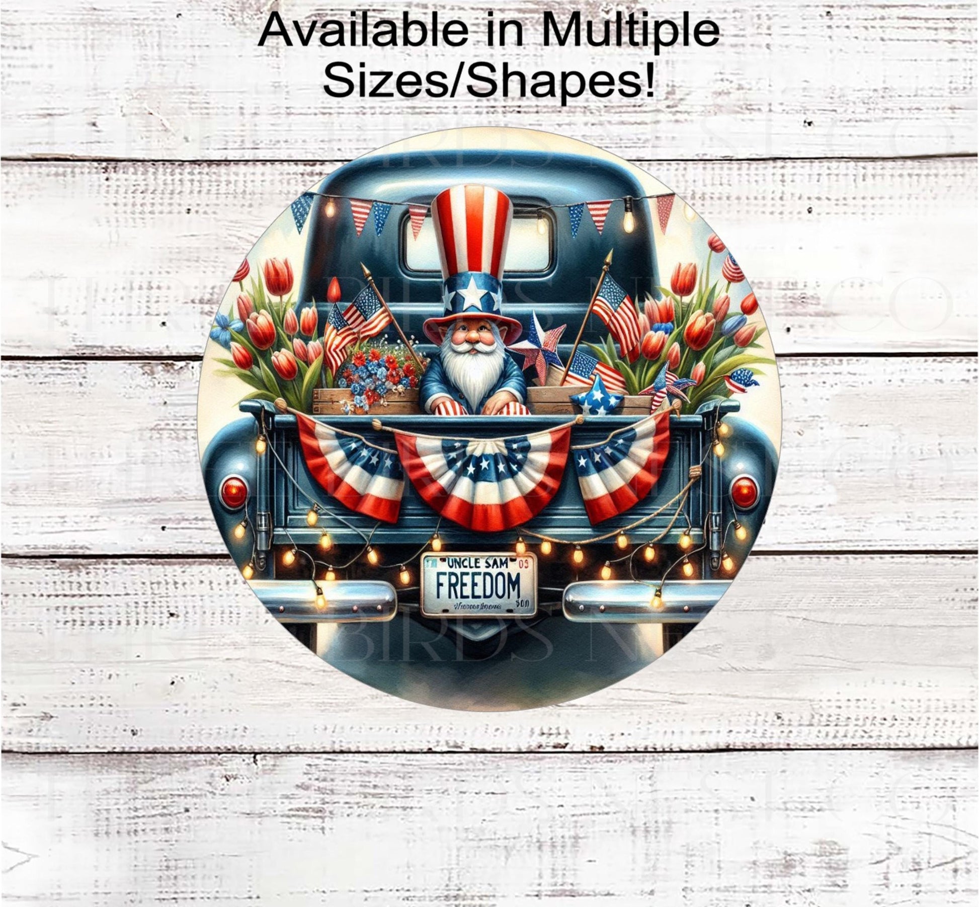 Patriotic Gnome Wreath Sign, Vintage Blue Truck, American Flag Bunting