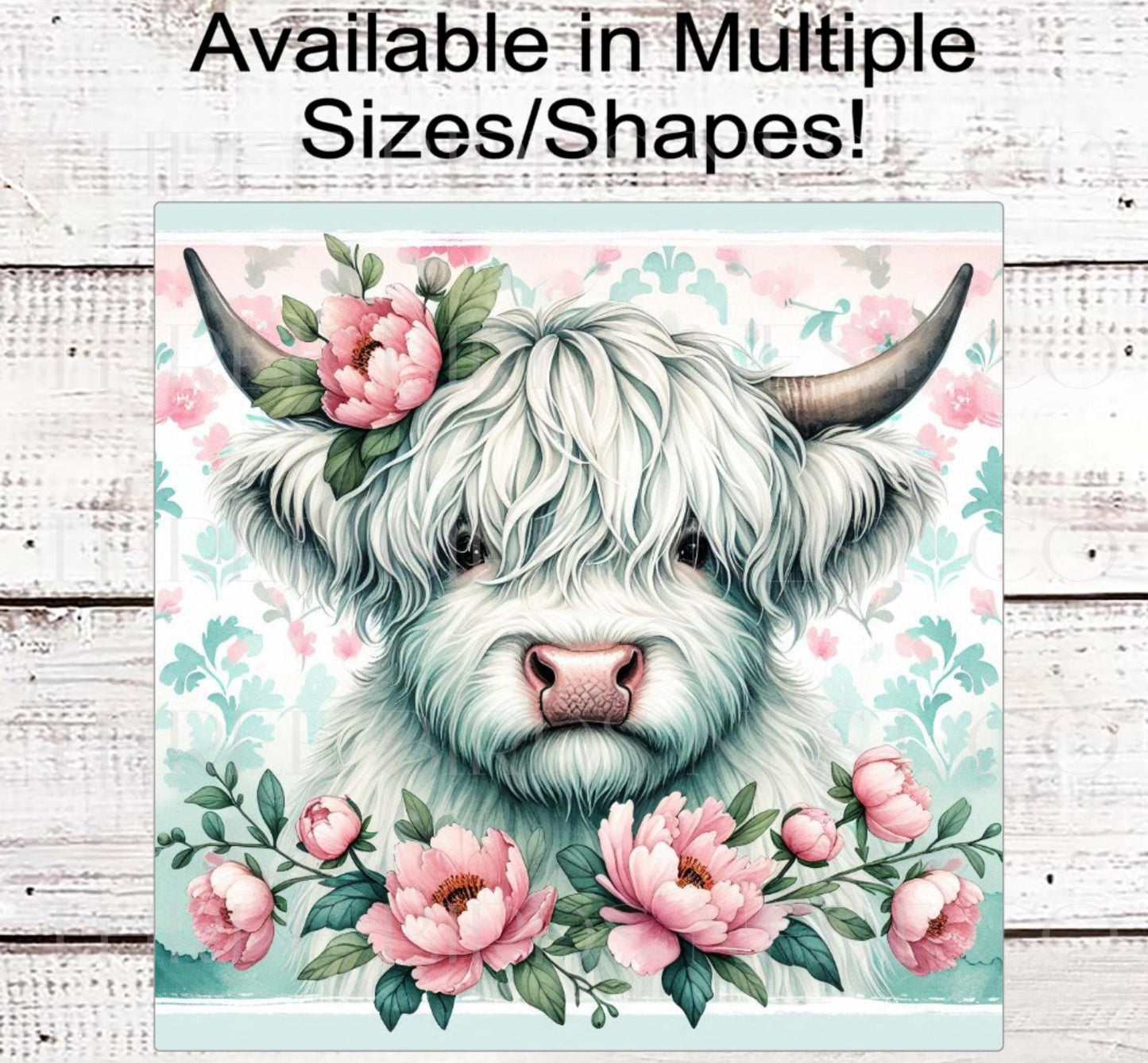 Scottish Highland Cow Wreath Sign, Chinoiserie, Peonies, Mint and Pink Decor, Country Chic