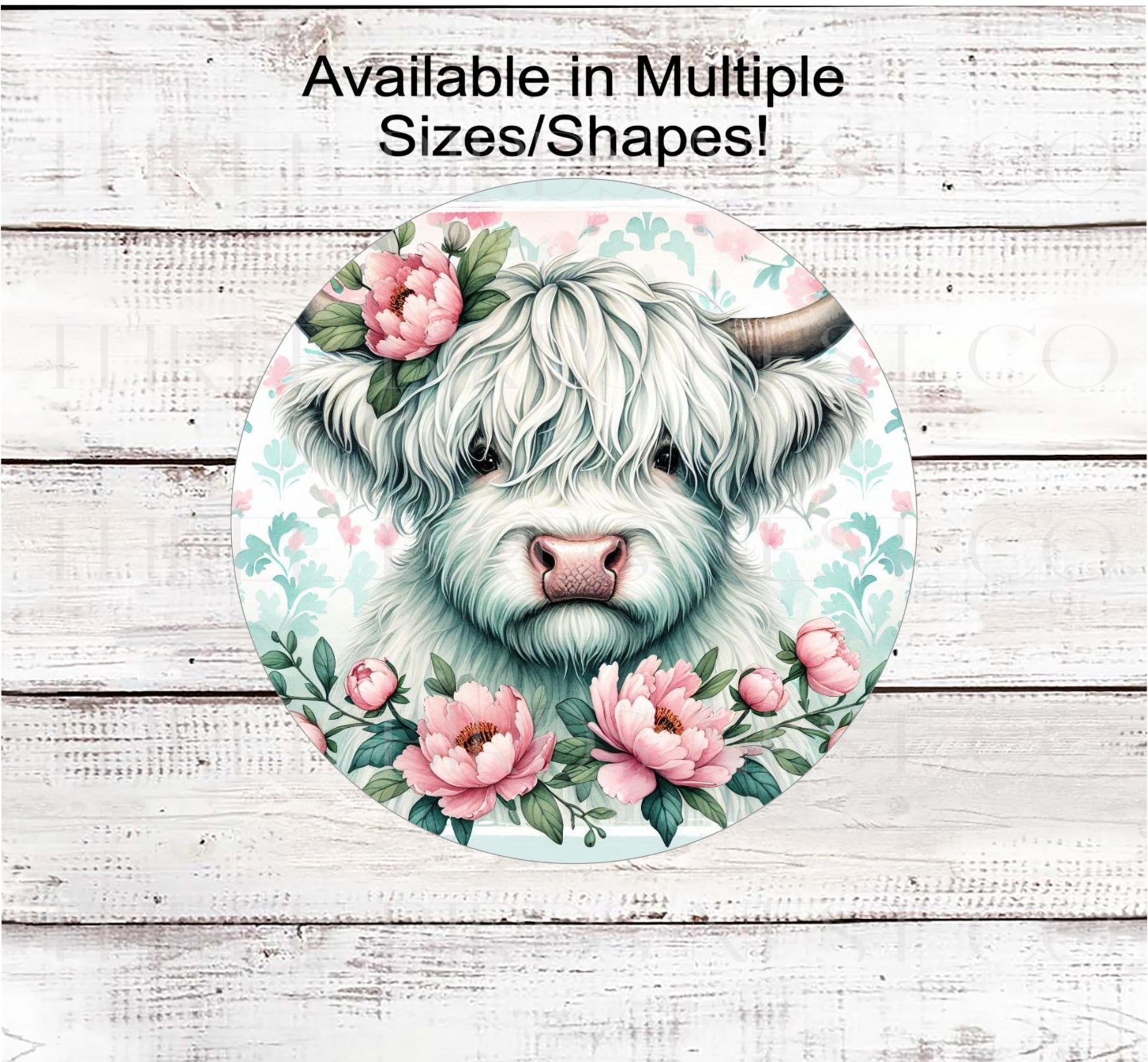 Scottish Highland Cow Wreath Sign, Chinoiserie, Peonies, Mint and Pink Decor, Country Chic