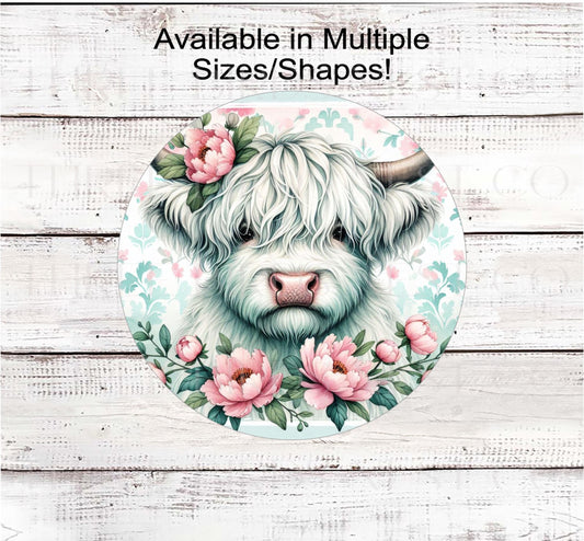 Scottish Highland Cow Wreath Sign, Chinoiserie, Peonies, Mint and Pink Decor, Country Chic