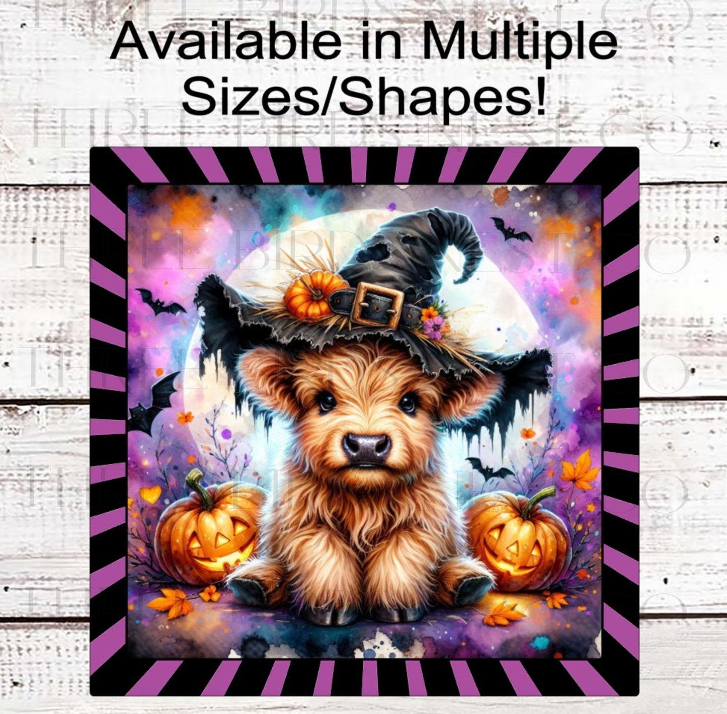 Halloween Scottish Highland Cow Sign, Witch Hat, Farmhouse Wreath Sign, Cute Halloween Decor