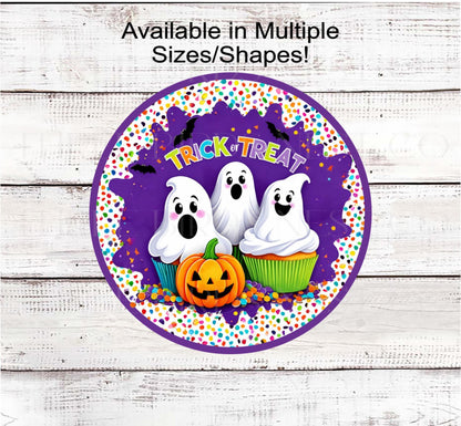 Trick or Treat Halloween Wreath Sign, Spider Web, Ghost Cupcakes, Sprinkles