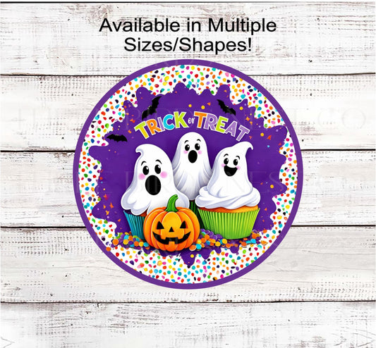 Trick or Treat Halloween Wreath Sign, Spider Web, Ghost Cupcakes, Sprinkles