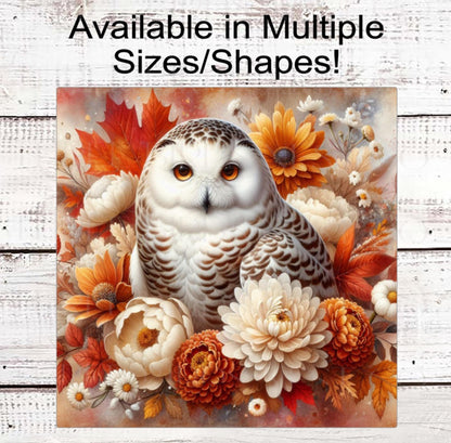 Owl Wreath Sign, Fall Welcome Sign, Autumn Leaves, Snowy Owl Lover