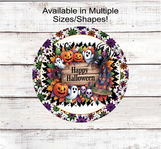 Happy Halloween Wreath Sign, Haunted House, Cute Ghost Decor, Spider