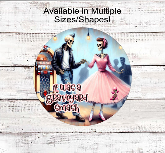 Dancing Skeletons Halloween Wreath Sign, Monster Graveyard Smash, Vintage Jukebox, Sock Hop Dance, Poodle Skirt