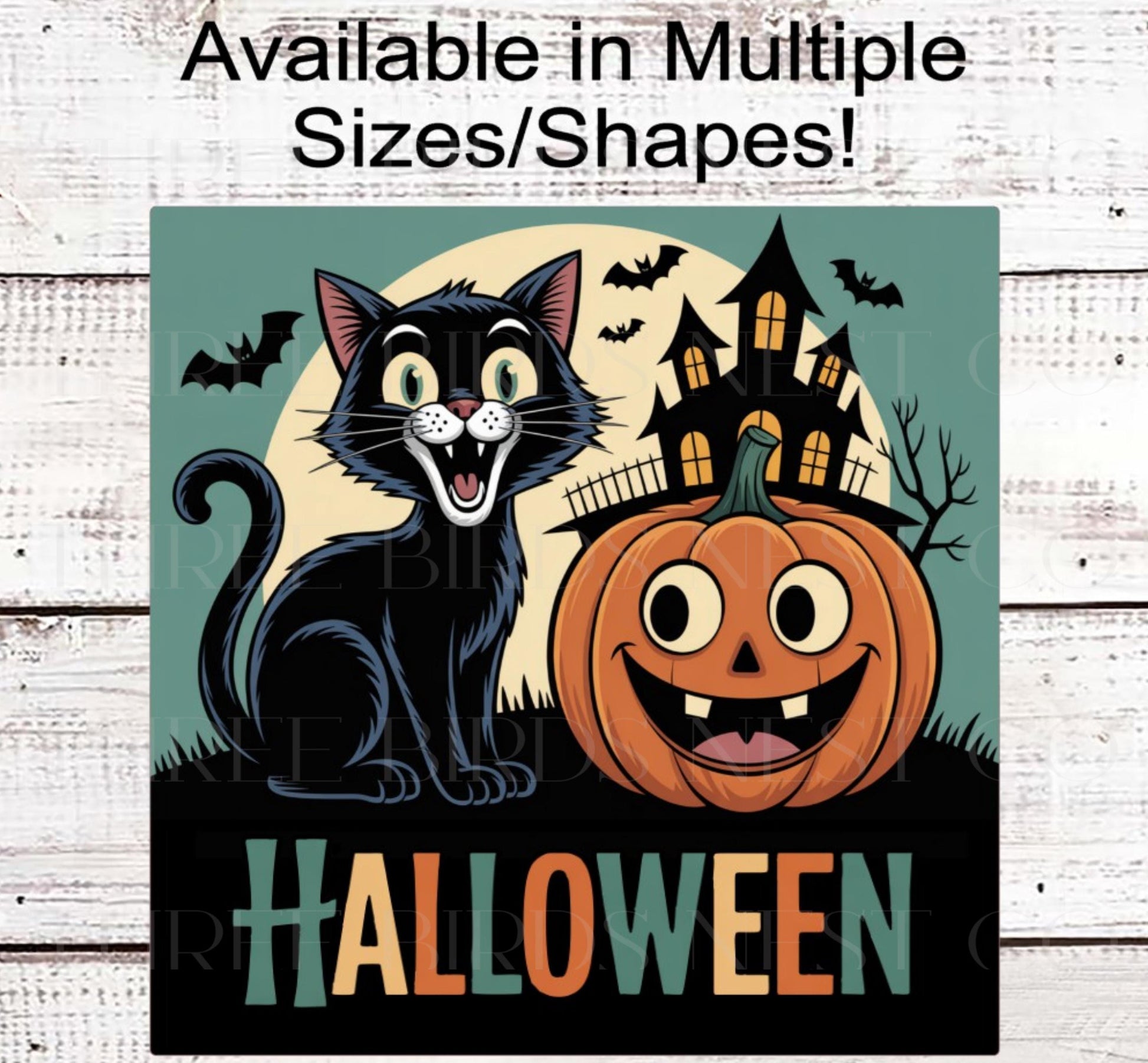 Vintage Halloween Wreath Sign, Black Cat, Happy Jack O Lantern, Haunted House Decor