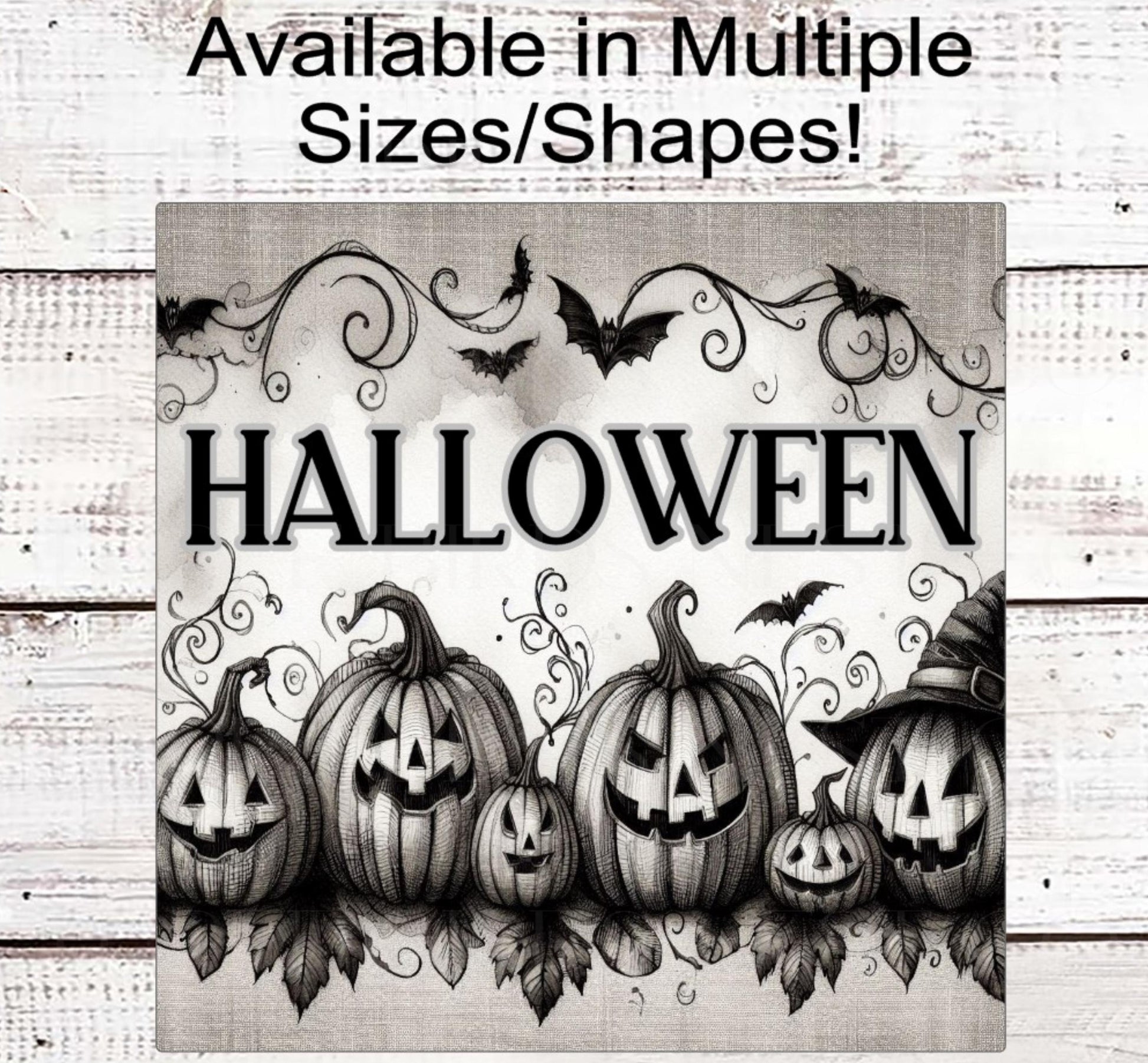 Vintage Halloween Wreath Sign, Monotone, Jack O Lantern, Spooky Decor