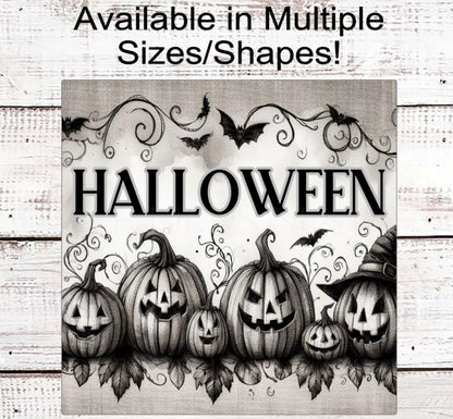 Vintage Halloween Wreath Sign, Monotone, Jack O Lantern, Spooky Decor