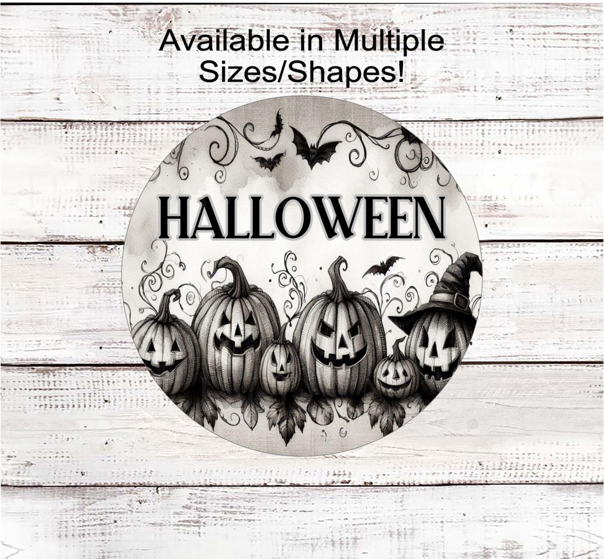 Vintage Halloween Wreath Sign, Monotone, Jack O Lantern, Spooky Decor
