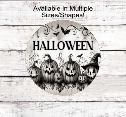 Vintage Halloween Wreath Sign, Monotone, Jack O Lantern, Spooky Decor