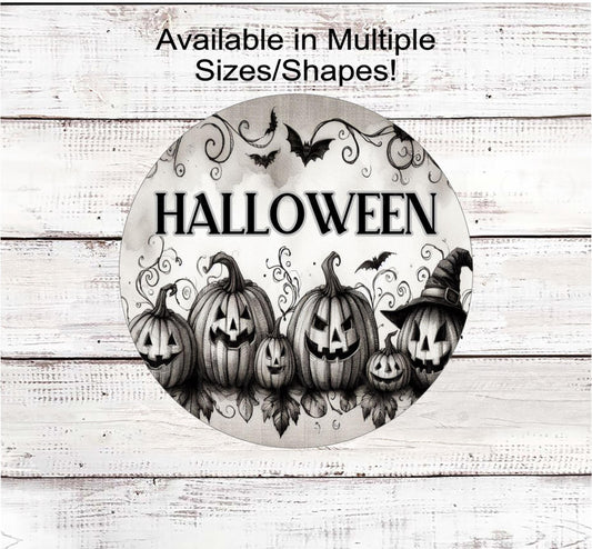 Vintage Halloween Wreath Sign, Monotone, Jack O Lantern, Spooky Decor