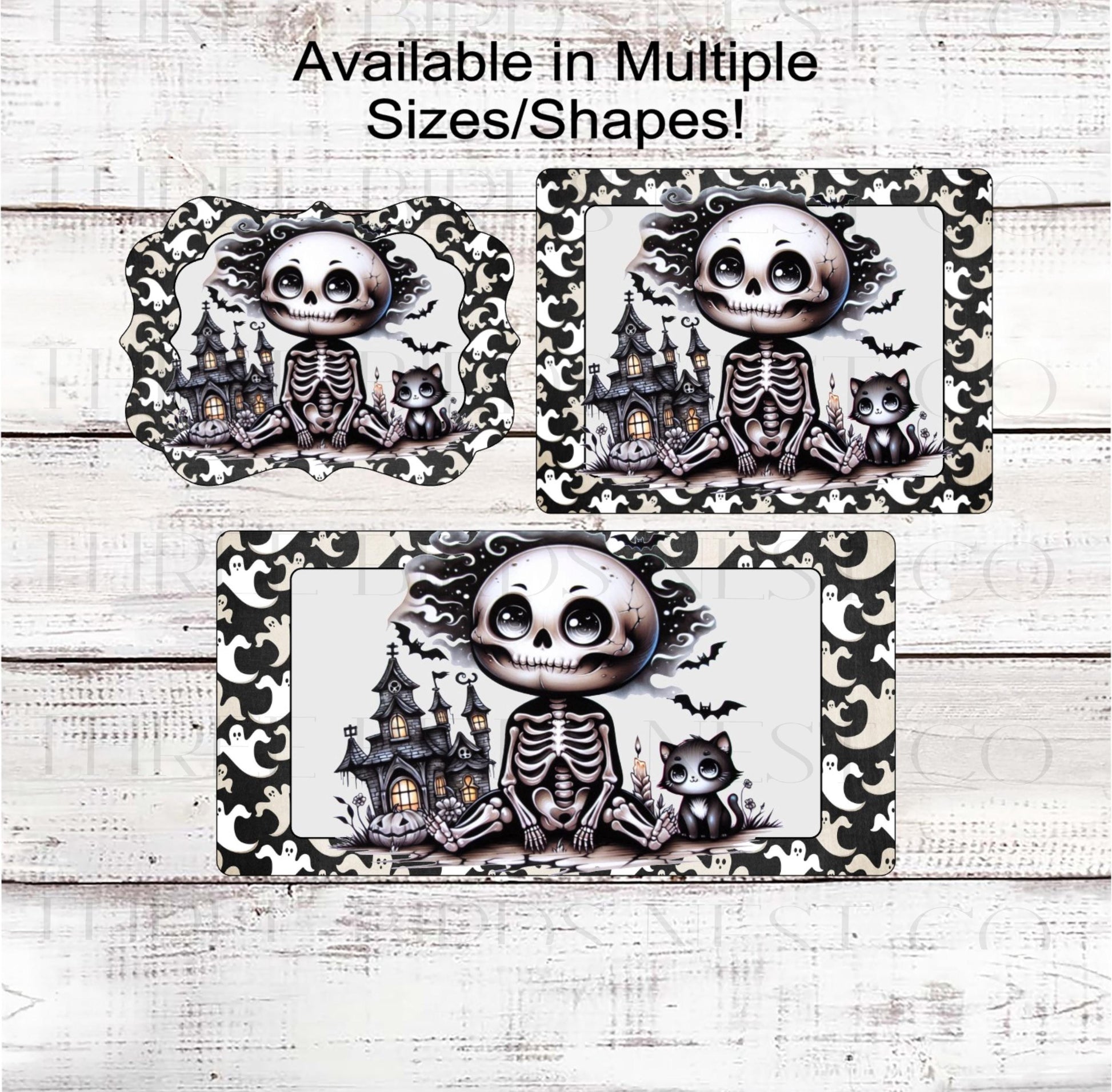 Vintage Halloween Wreath Sign, Monotone, Happy Skeleton, Cat Lover, Spooky Decor
