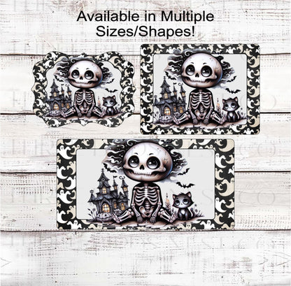Vintage Halloween Wreath Sign, Monotone, Happy Skeleton, Cat Lover, Spooky Decor