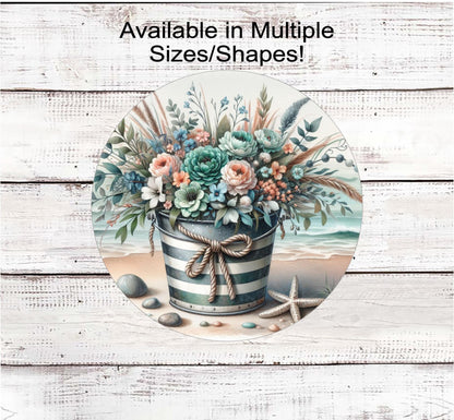 Summer Wreath Sign, Beach Lover, Starfish, Sand Pail, The Beach is Calling, Ocean Nautical Decor