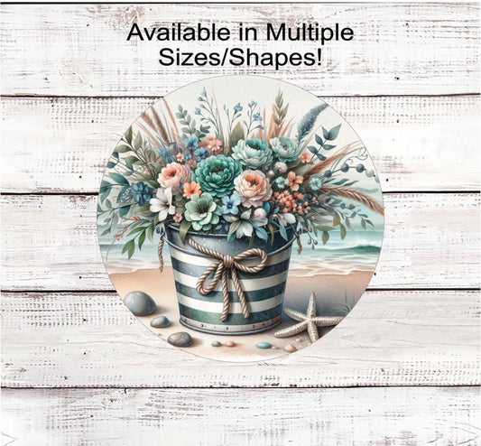 Summer Wreath Sign, Beach Lover, Starfish, Sand Pail, The Beach is Calling, Ocean Nautical Decor