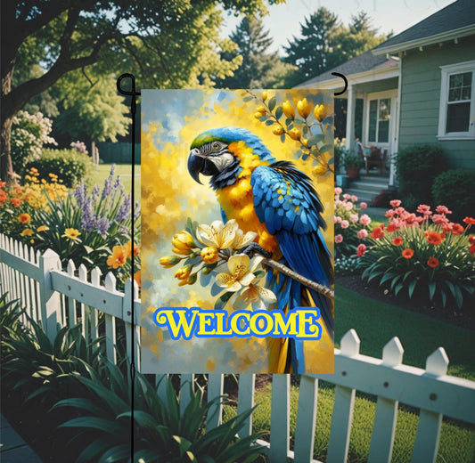 Macaw Parrot Double-Sided Garden Flag, Welcome Friends, Bird Lover, Blue and Gold Macaw