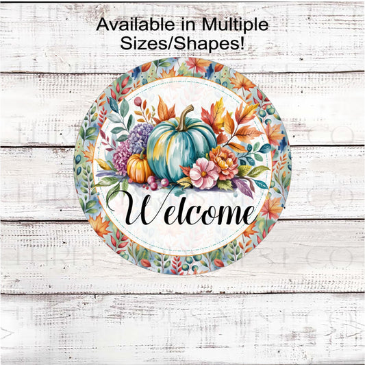 Fall Welcome Wreath Sign, Abstract Pumpkin Art, Autumn Leaves