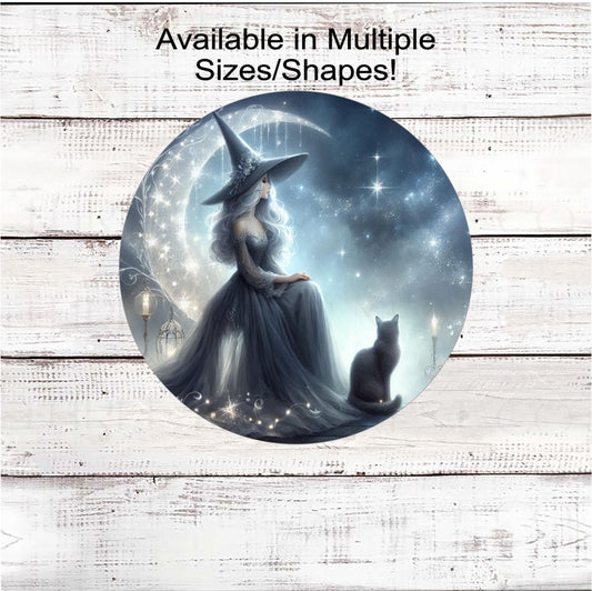Halloween Witch Wreath Sign, Elegant Halloween Decor, Cat Lover, Stars