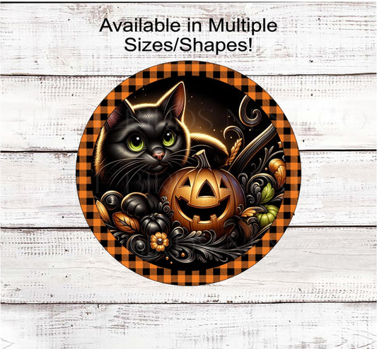 Halloween Wreath Sign, Black Cat Lover, Jack O Lantern Sign, Spooky Decor