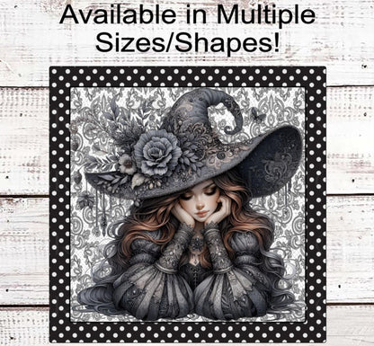 Halloween Wreath Sign, Witch Lover, Monotone Sign, Black Grey and White, Spooky Decor, Boho Floral