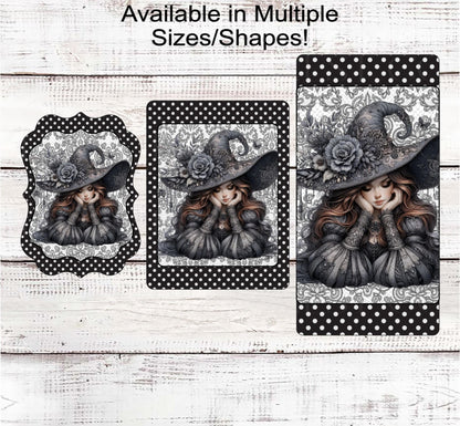 Halloween Wreath Sign, Witch Lover, Monotone Sign, Black Grey and White, Spooky Decor, Boho Floral