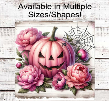 Pink Pumpkin Halloween Wreath Sign, Spider Web, Rustic Farmhouse, Peonies, Jack O Lantern, Pink for October