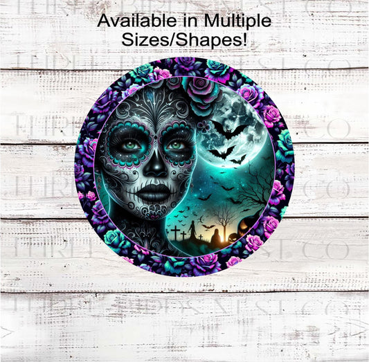 Sugar Skull Halloween Wreath Sign, African American La Catrina, Day of the Dead, Haunted House, Macabre Roses