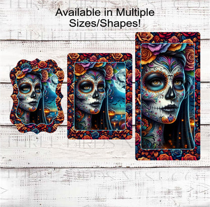 Sugar Skull Halloween Wreath Sign, La Catrina, Day of the Dead, Haunted House, Macabre Roses