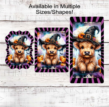 Halloween Scottish Highland Cow Sign, Witch Hat, Farmhouse Wreath Sign, Cute Halloween Decor