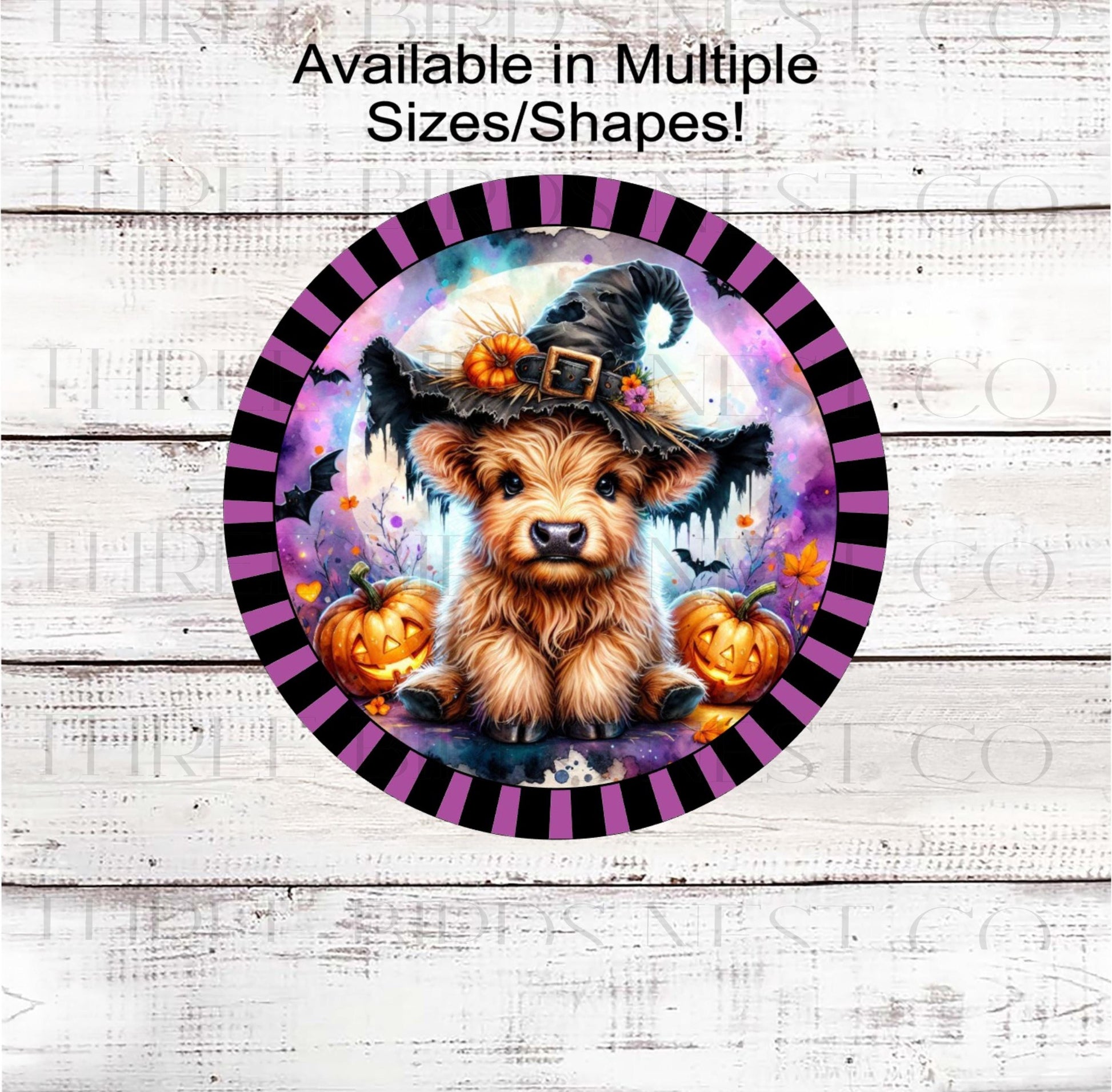 Halloween Scottish Highland Cow Sign, Witch Hat, Farmhouse Wreath Sign, Cute Halloween Decor