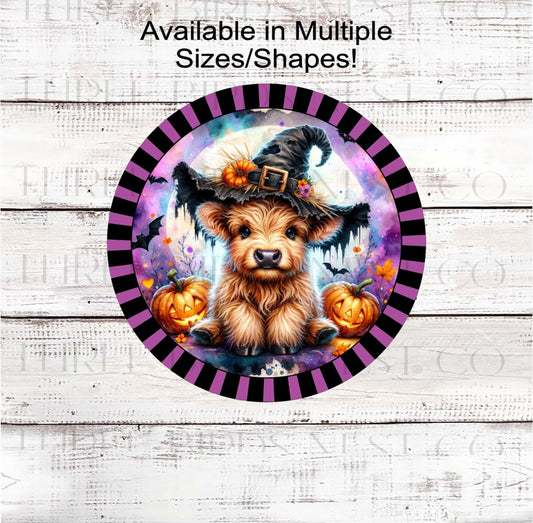 Halloween Scottish Highland Cow Sign, Witch Hat, Farmhouse Wreath Sign, Cute Halloween Decor