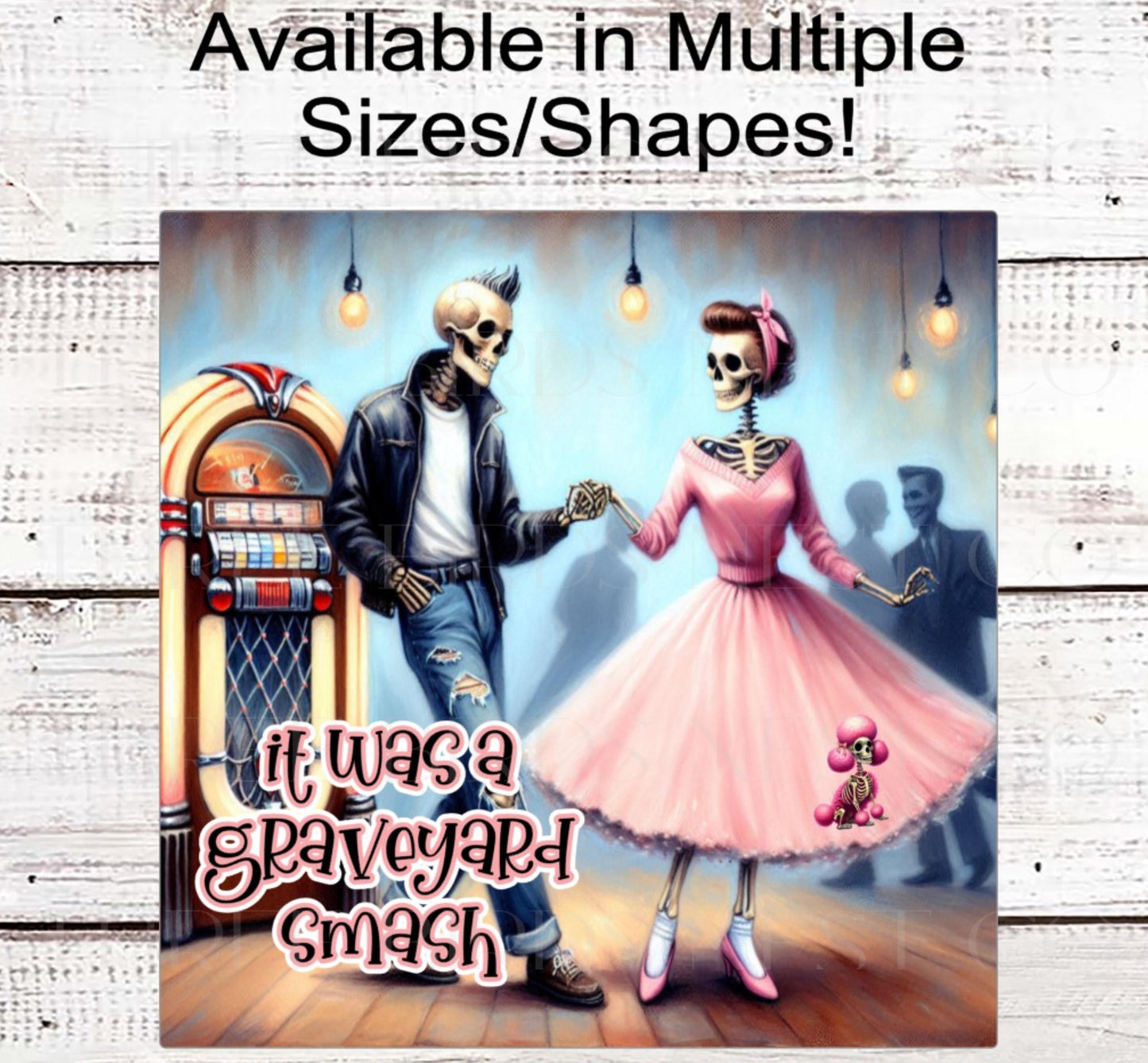 Dancing Skeletons Halloween Wreath Sign, Monster Graveyard Smash, Vintage Jukebox, Sock Hop Dance, Poodle Skirt