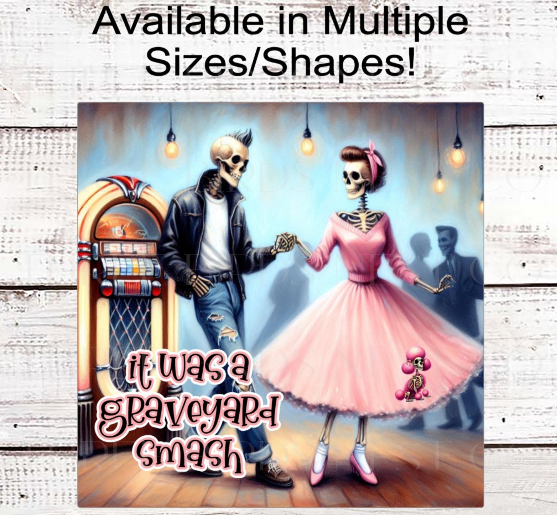 Dancing Skeletons Halloween Wreath Sign, Monster Graveyard Smash, Vintage Jukebox, Sock Hop Dance, Poodle Skirt