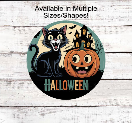 Vintage Halloween Wreath Sign, Black Cat, Happy Jack O Lantern, Haunted House Decor