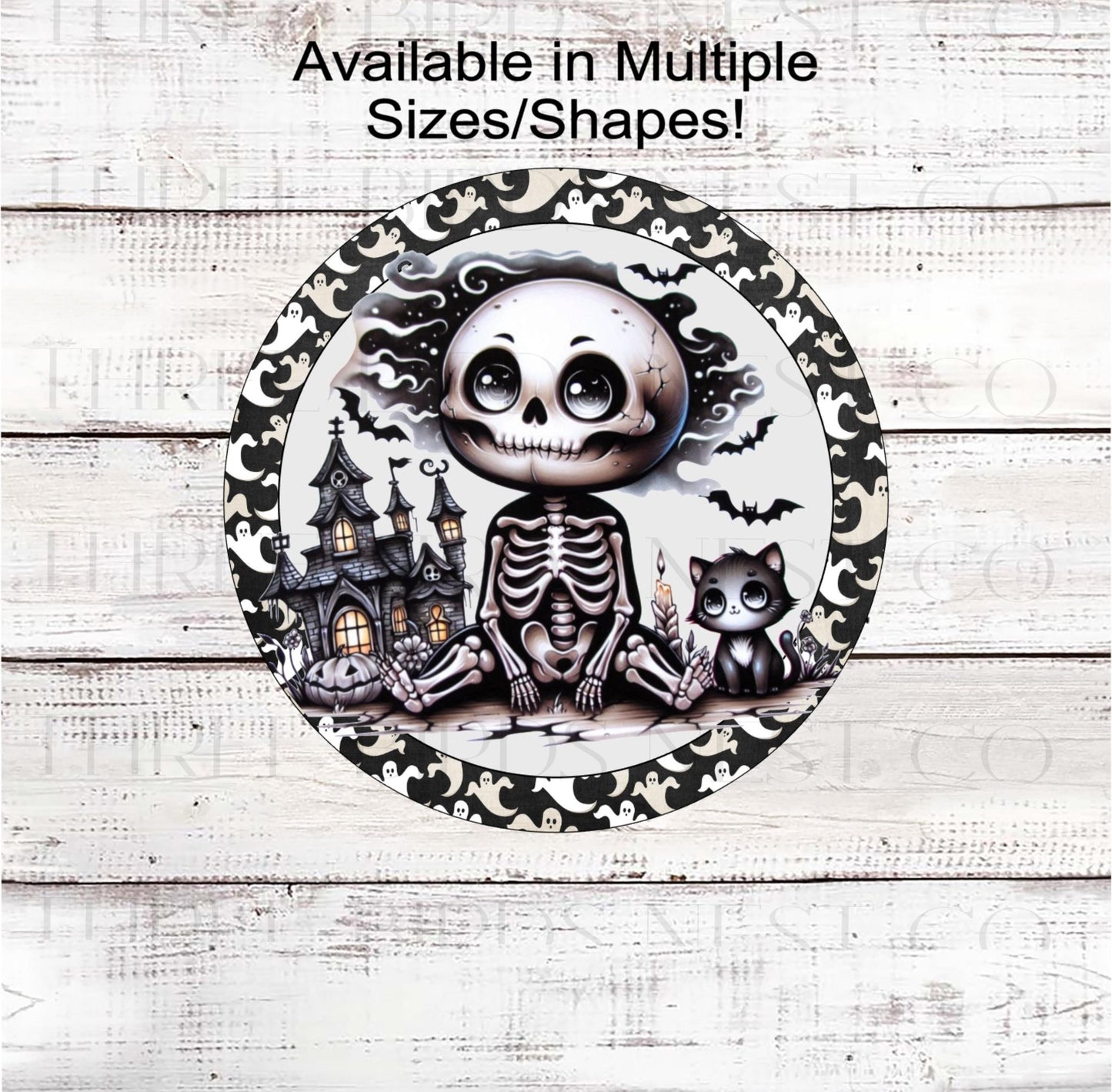 Vintage Halloween Wreath Sign, Monotone, Happy Skeleton, Cat Lover, Spooky Decor