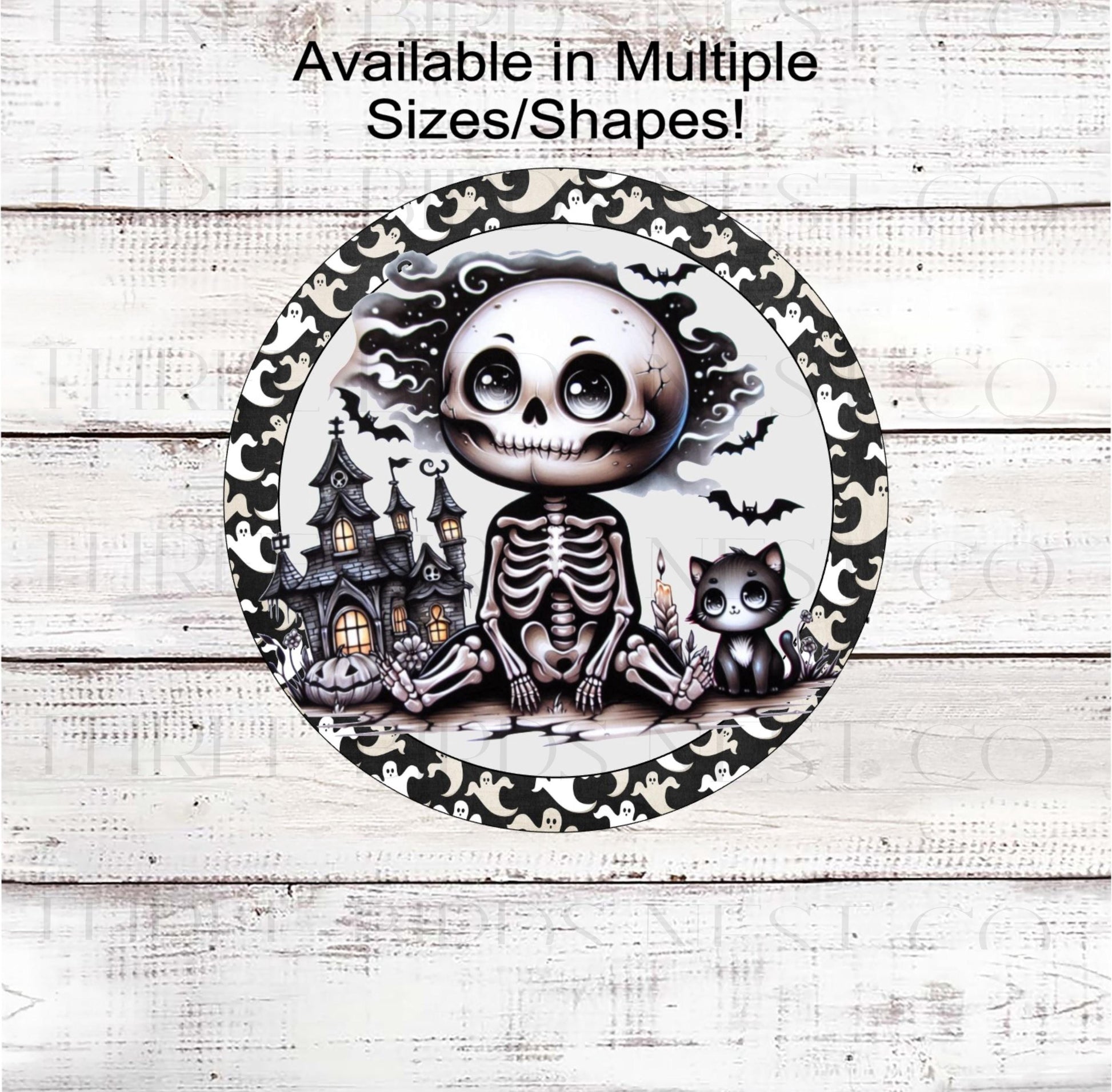 Vintage Halloween Wreath Sign, Monotone, Happy Skeleton, Cat Lover, Spooky Decor