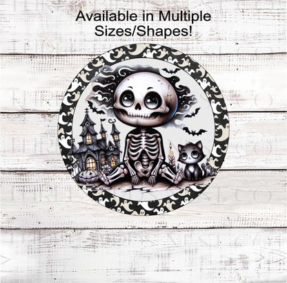 Vintage Halloween Wreath Sign, Monotone, Happy Skeleton, Cat Lover, Spooky Decor