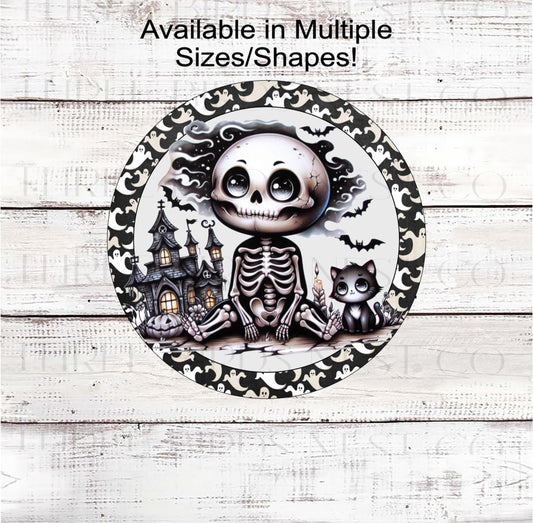 Vintage Halloween Wreath Sign, Monotone, Happy Skeleton, Cat Lover, Spooky Decor