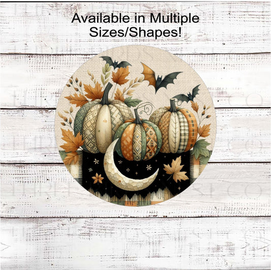 Patchwork Pumpkin Halloween Wreath Sign, Rustic Farmhouse, Prmitive Decor, Jack O Lantern, Black Bats