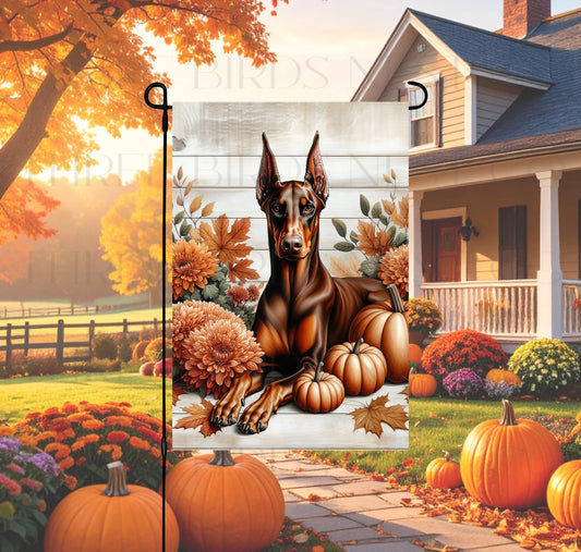 Red Doberman Pinscher Dog Double-Sided Garden Flag, Fall Decor, Pumpkins and Sunflowers