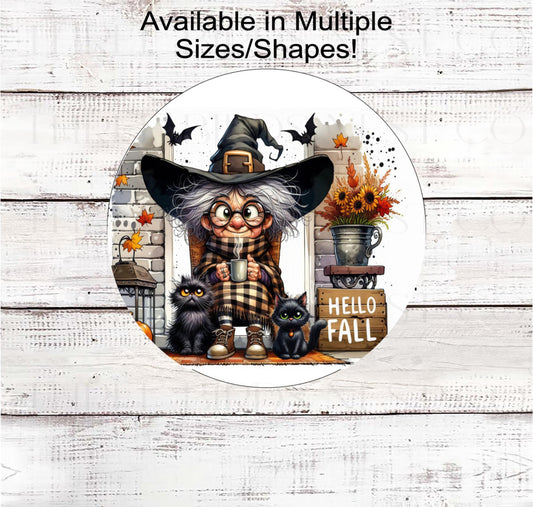 Hello Fall Wreath Sign, Halloween Witch, Black Cat