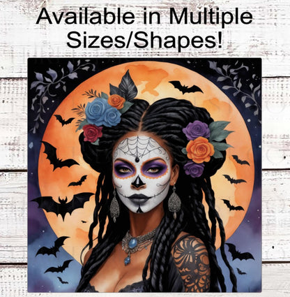Halloween Wreath Sign, African American Sugar Skull, La Catrina, Dreadlocks