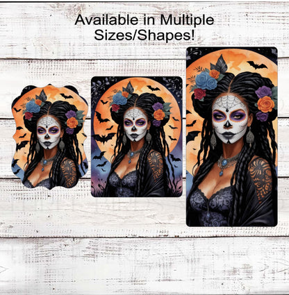 Halloween Wreath Sign, African American Sugar Skull, La Catrina, Dreadlocks