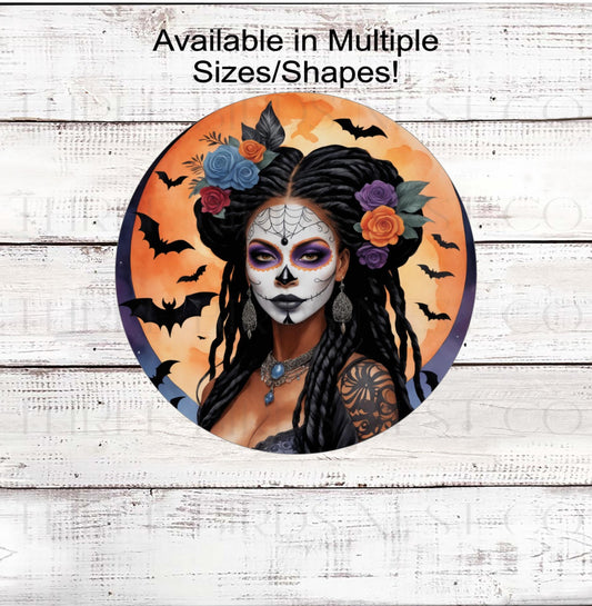Halloween Wreath Sign, African American Sugar Skull, La Catrina, Dreadlocks