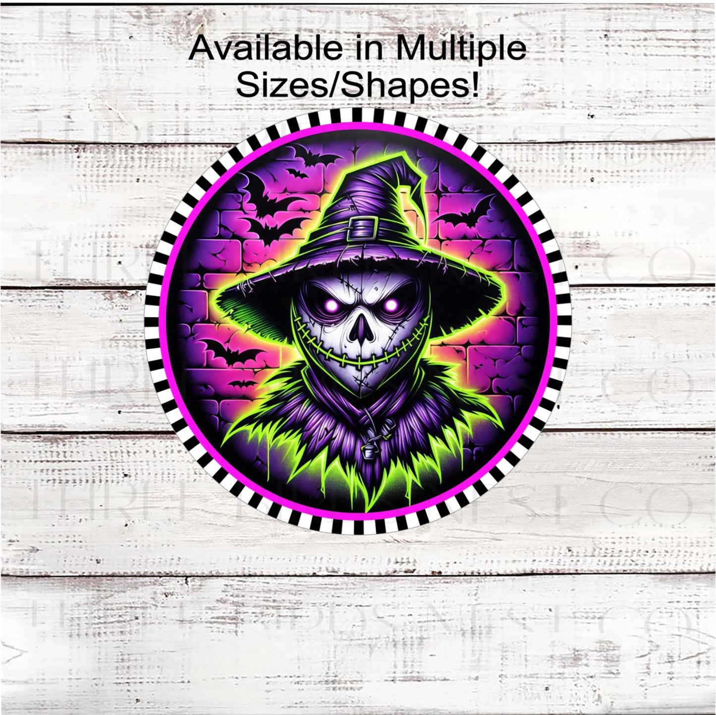Skeleton Scarecrow Halloween Wreath Sign, Bright Neon Decor, Spooky Sign