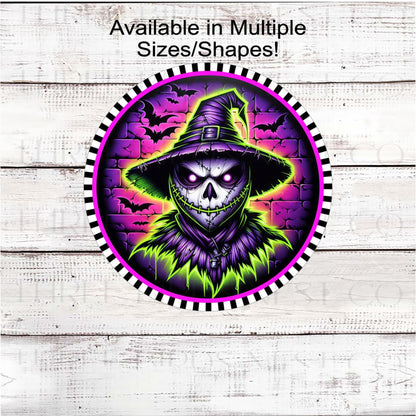Skeleton Scarecrow Halloween Wreath Sign, Bright Neon Decor, Spooky Sign