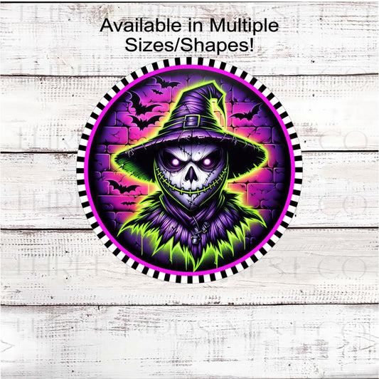 Skeleton Scarecrow Halloween Wreath Sign, Bright Neon Decor, Spooky Sign