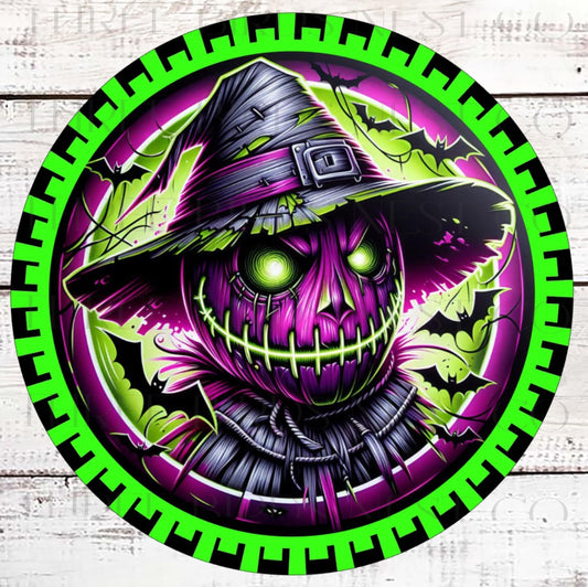 Skeleton Scarecrow Halloween Wreath Sign, Bright Neon Decor, Black Bats, Spooky Sign