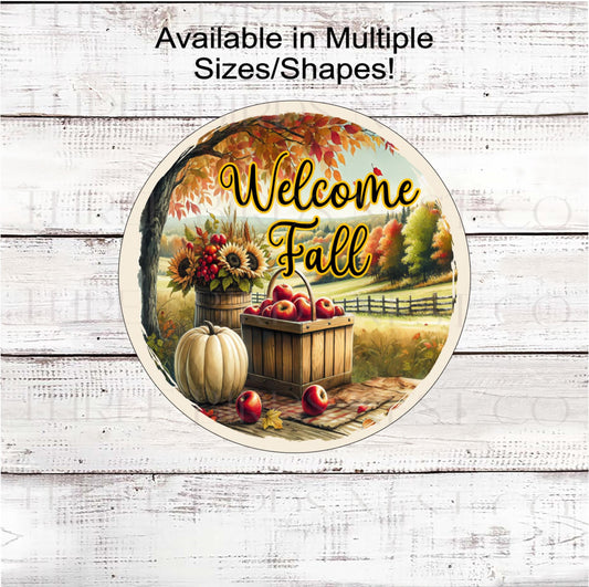 Welcome Fall Apple Basket Wreath Sign, Sunflowers and Pumpkin Decor- FT2161